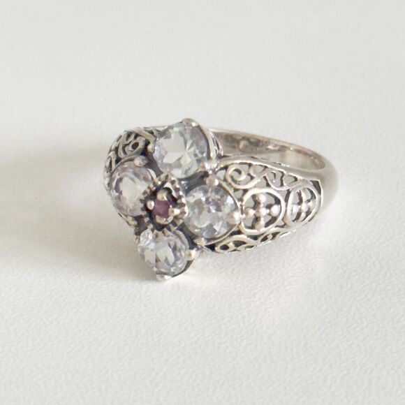 CNA Designer 925 Sterling Silver White Topaz & Ruby Filigree Flower Ring Size 8 - Picture 5 of 10